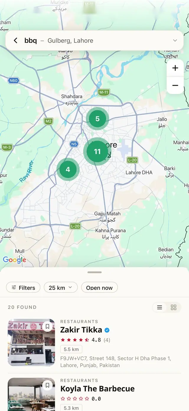 Mulk app on Android: search results for bbq in Gulberg, Lahore, on a map